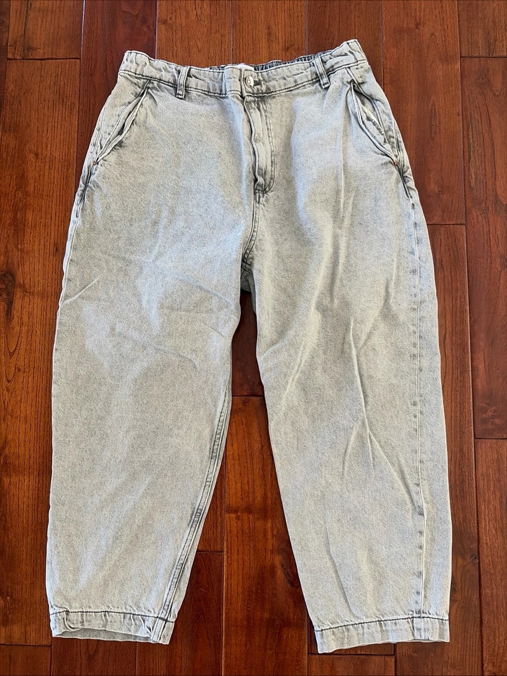 ZARA Balloon Jeans Size US 12 Gray Denim Pants Elastic Waist Pockets Barrel Leg